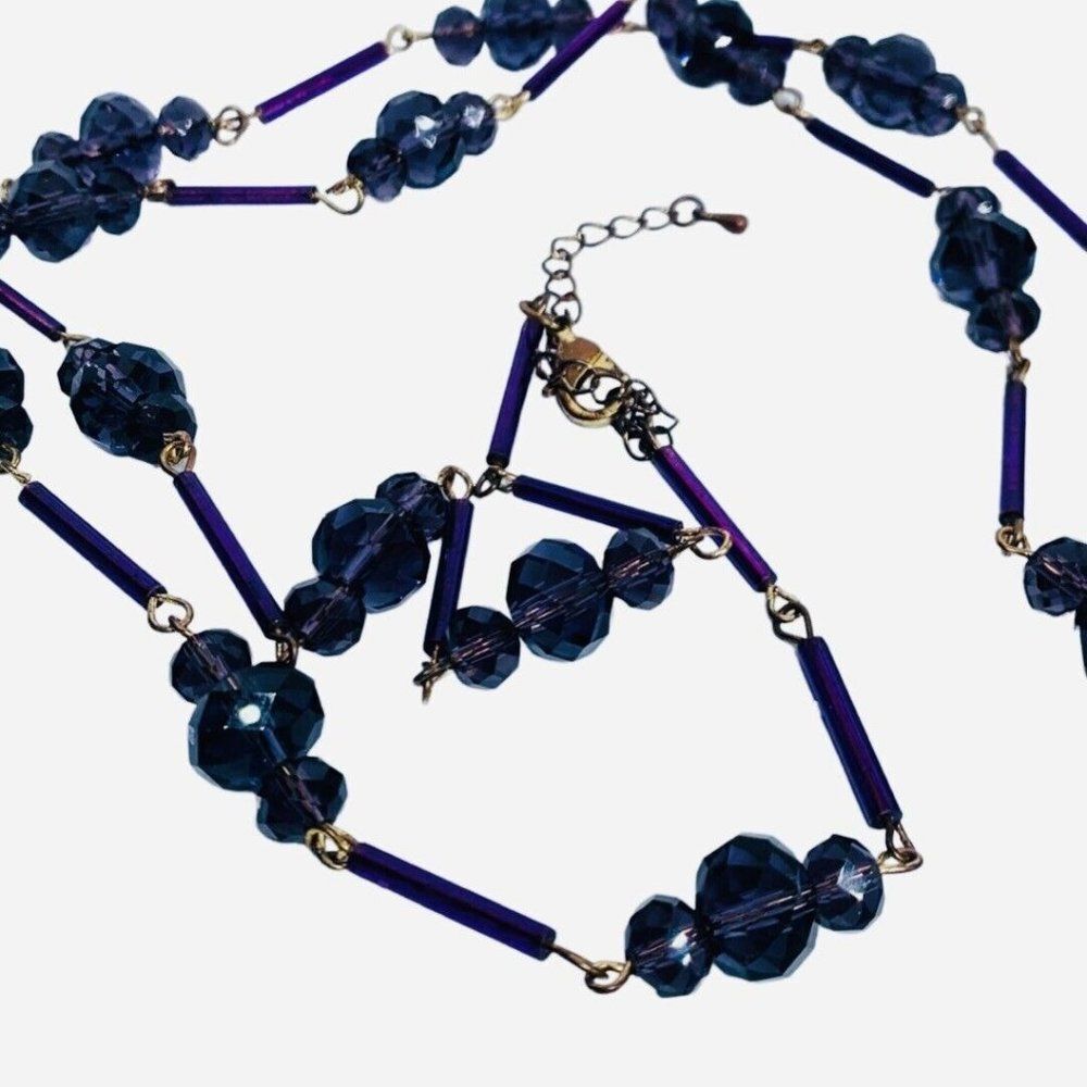 Vintage Grape Purple Faceted Glass Beaded Bar Station Shimmer Long Necklace 39”